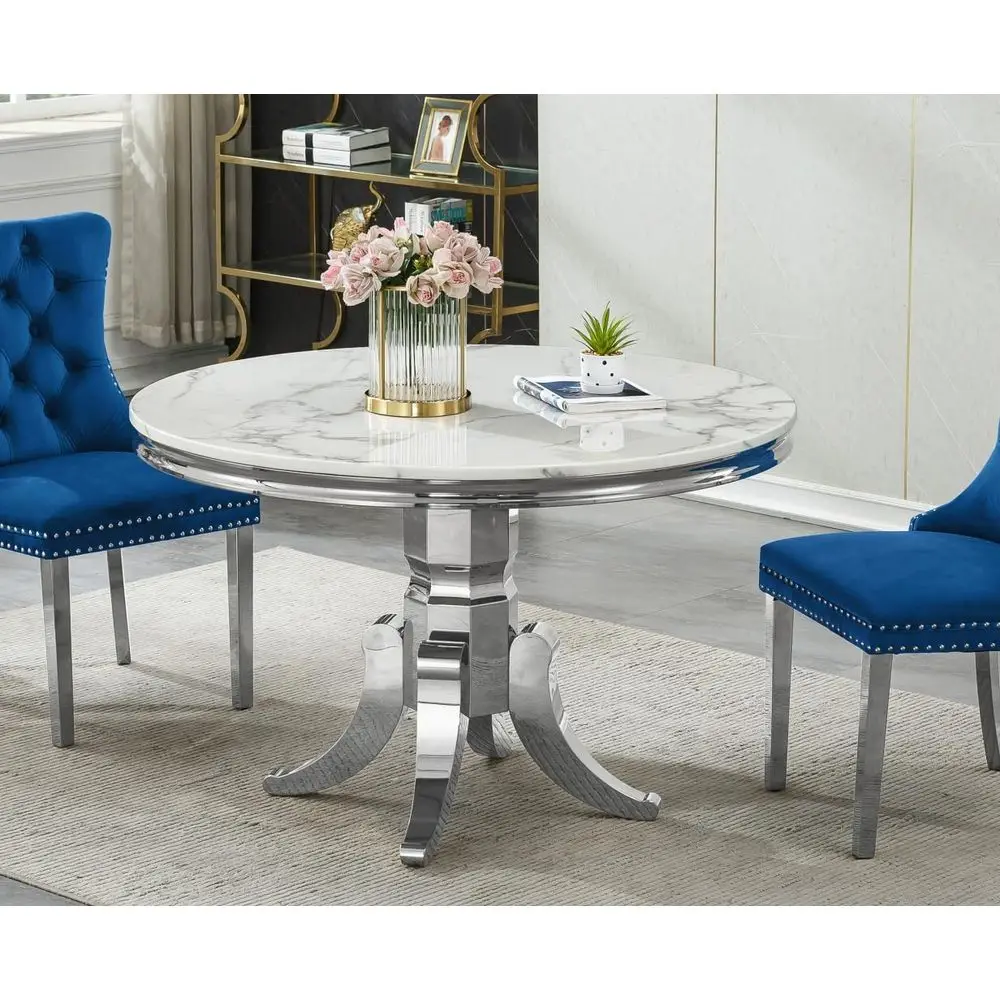 

Элегантный круглый обеденный стол с мраморной столешницей 44,88 дюйма и серебристой стальной подставкой на 6 персон