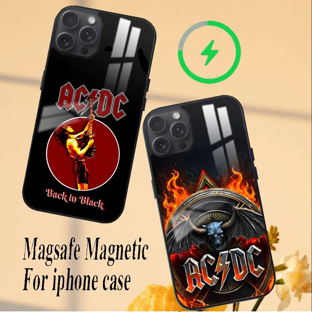 A-AC D-DC Rock Band Phone Case For iPhone 16 15 14 13 12 11 PRO MAX PLUS Mini Magnetic wireless mirror phone case