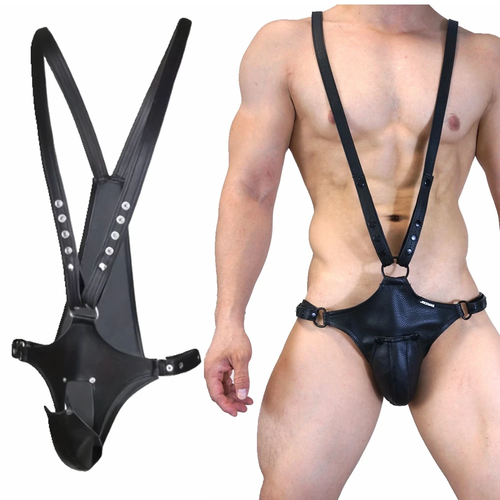 

JOCKMAIL Men Harness Men's Jockstrap Underwear Bodysuit with Open Pouch Codpiece Big Bulge Faux Leather Adjustable Size.