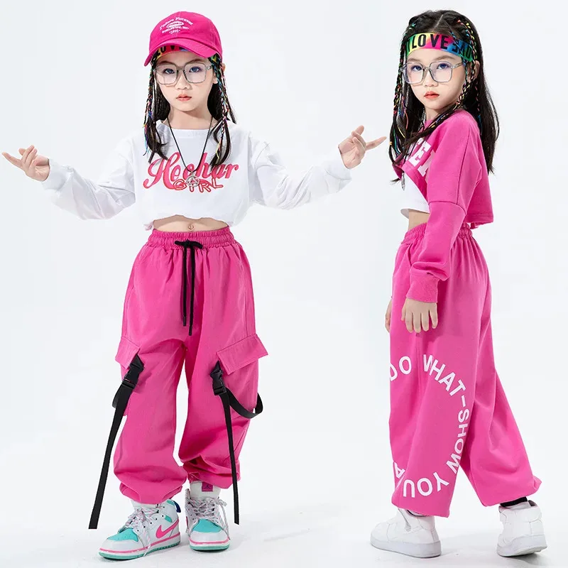 

Girls Jazz Dance Costumes Kid Hip Hop Fashion Streetwear Crop Top Pink Cargo Pants Ballroom Performance Stage Navel Clothingv;6'