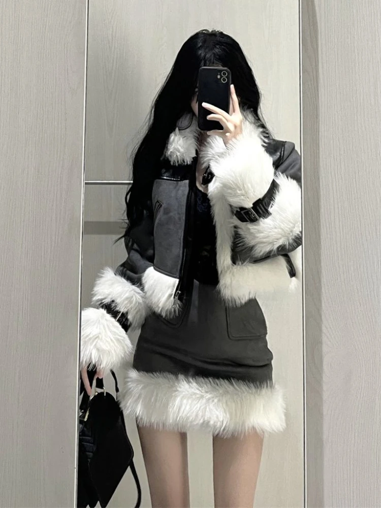 

2023 Winter TwoPiece Set For Women Outwear Elegante Rok Set Koreaanse Stijl Pak Warm Mode Bontjas + Casual Vrouw Slanke Mini Rok