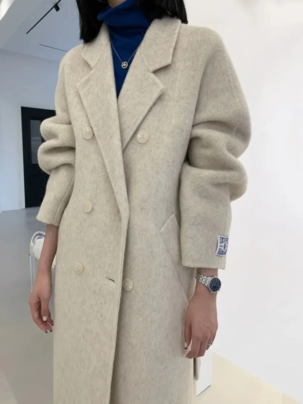 2024 Autunno Inverno Nuovo Casual Cappotto di Lana Delle Donne Doppio Petto Delle Donne Double-sided Cintura di Lana Cappotto Allentato Caldo Giacca