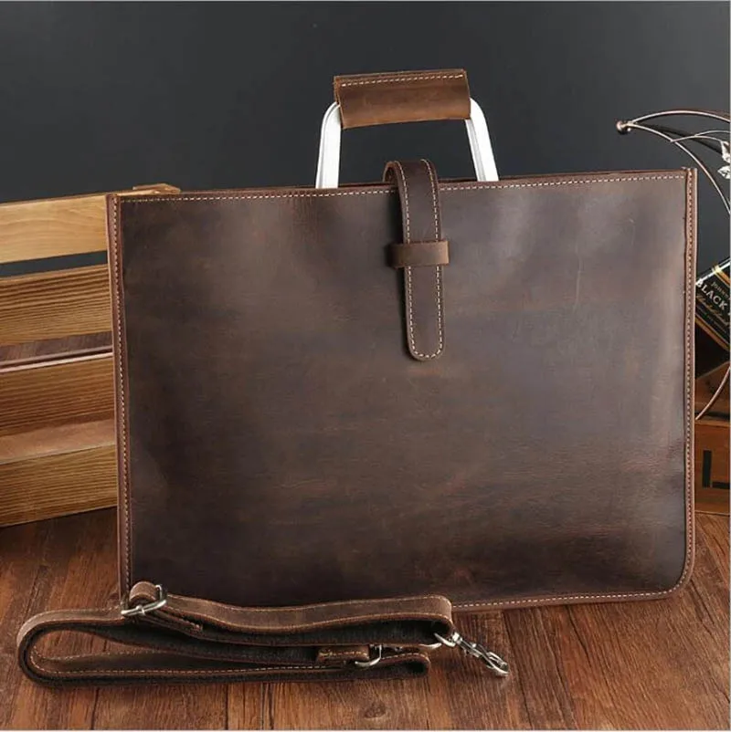 Maleta de couro genuíno para homens, A4 File Document Handbags, Male Crazy Horse Leather Laptop Bag, 14 in Business Bag