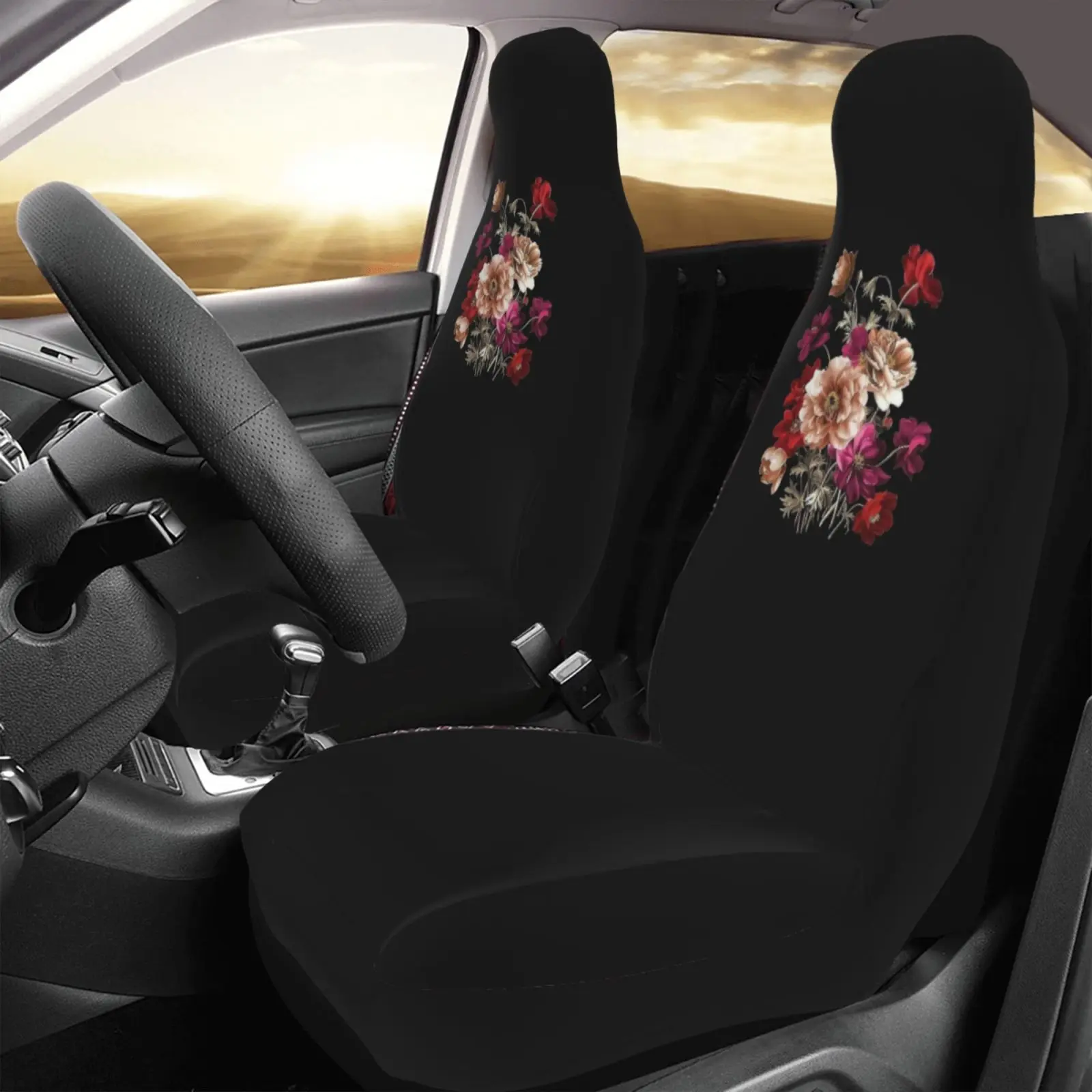 

Fit Car Seat Covers - Elegant Floral Pattern With Black & Pink/Red/White/Gray/Beige, Luxury Soft Cushioned Design, Machine Washa
