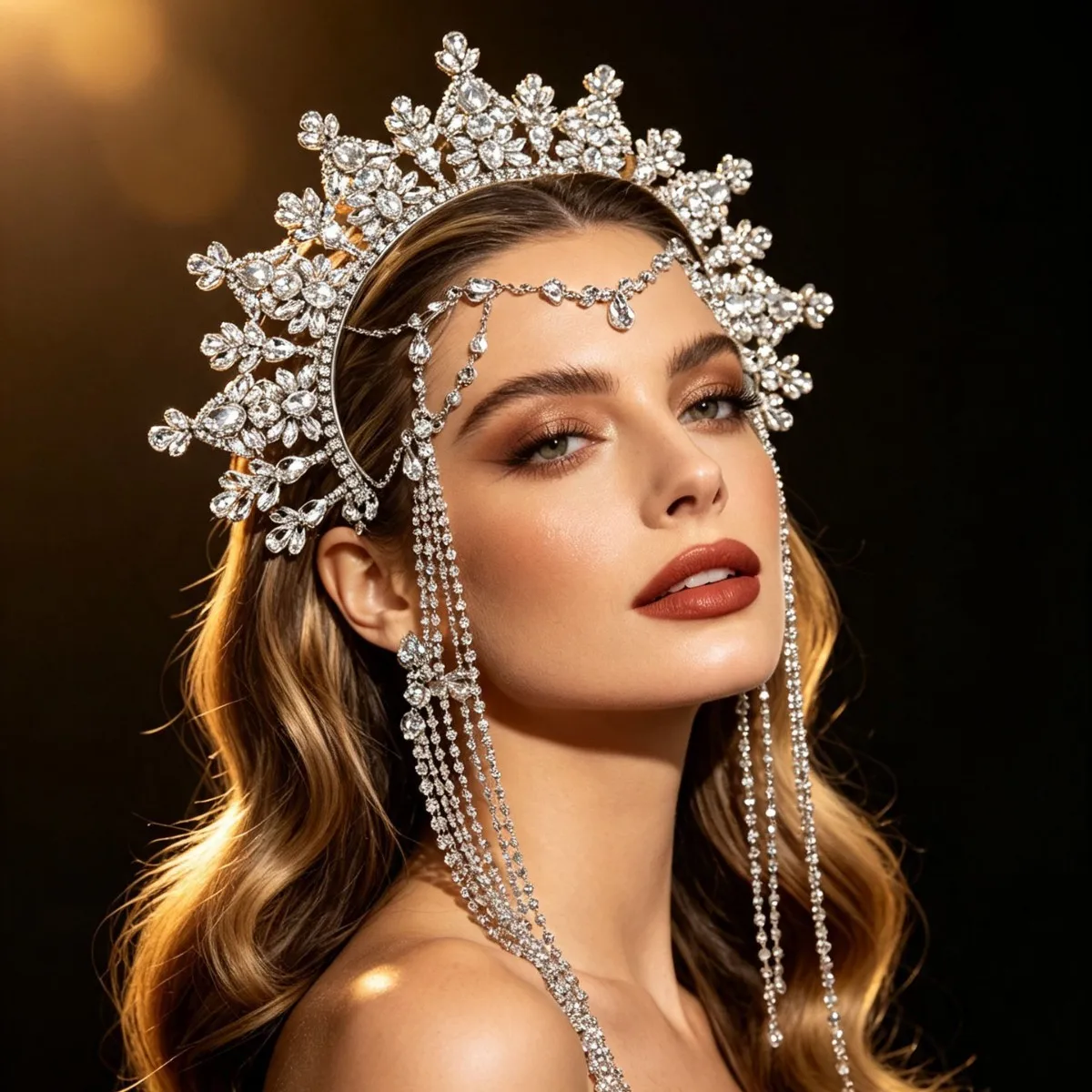 New Baroque Halo Crown Headband Women Rhinestone Forehead Chain Tassel Dangle Stage Performance Headpiece Vintage Luxury Jewelry