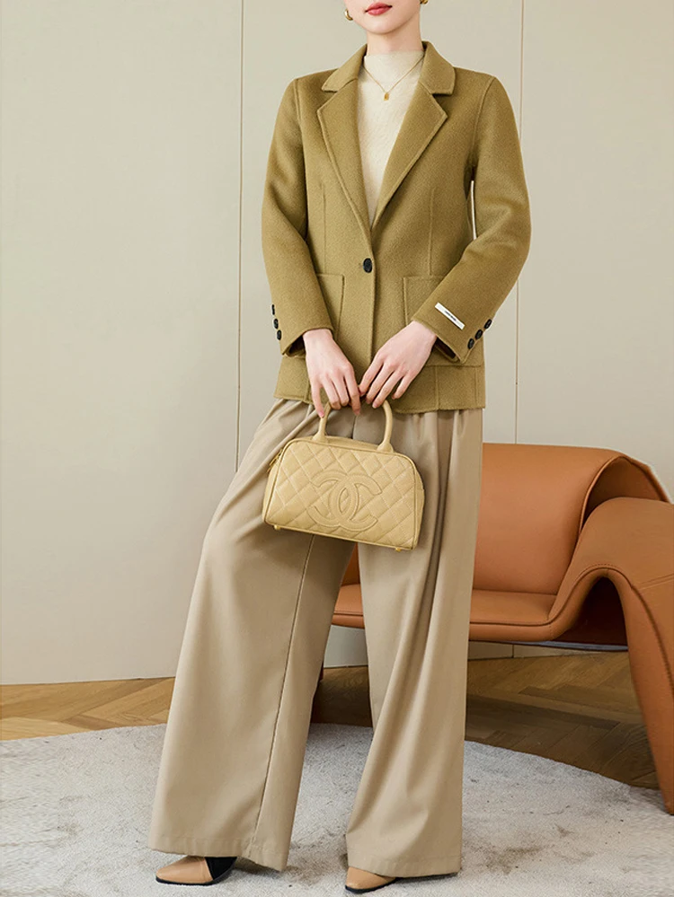 Women's Suit Collar Double-sided Cashmere Wool Coat 2024 Fall Winter Chic Ladies Single Button Loose 100% Woolen Blazer Jackets
