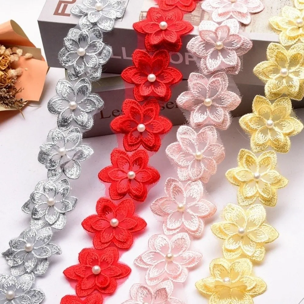 Colorful Flower Organza Ribbon 1 Yard Double-layer Lace Trim Fabric Six-petal Flower Embroidered Lace Trim Ribbon