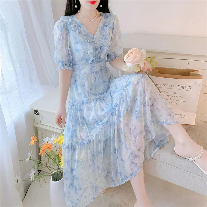 

Новое летнее женское шифоновое платье 2026 года: модное, с V-образным вырезом, коротким рукавом, в богемном цветочном стиле, элегантное, для вечеринок