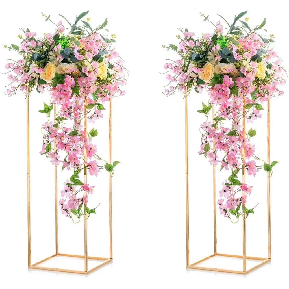 2 Pcs Metal Lower Floor Vase Column Geometric Centerpieces Stand or Tables, 31½ Inch Tall Gold Holder for Home Party Wedding Dec