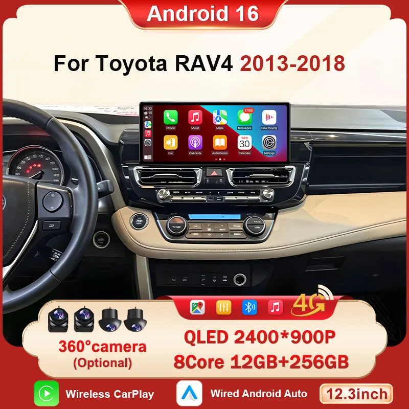 Android 16 Auto Carplay Car Radio For Toyota RAV4 LHD 2013 2014 2015 2016 2017 2018 GPS Navigation Stereo Multimedia Player BT
