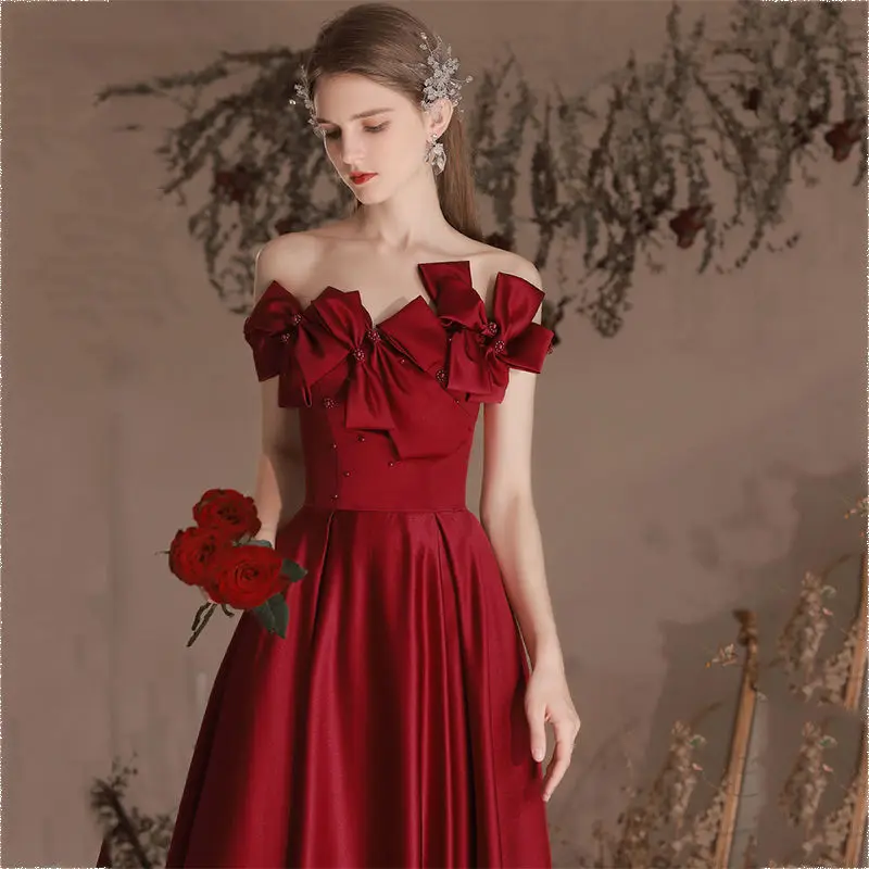 Korejpaa Evening Dresses Women Party Dress 2024 New Off Shoulder Sexy Bow Slim High Waist Red Clothes Vestidos De Fiesta