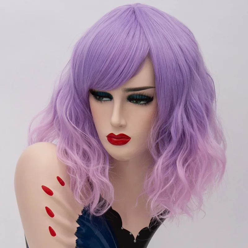 MSIWIGS Due Toni Brevi Cosplay Parrucche per Le Donne di Colore Rosa Bianco Ondulato Ombre Parrucca con la Frangetta Ombre Viola Capelli Sintetici