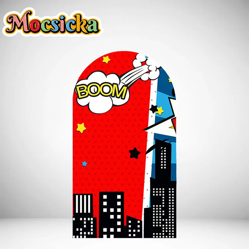 Superhero Birthday Double Sided Arch Cover Background Cartoon Comic City Building Family Shoot Photocall Kid Poster Backdrop