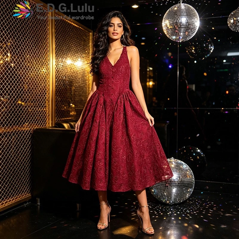 

EDGLuLu Lace Embroidery Floral Birthday Dress For Woman Sexy V-Neck Single Breasted Buckle Loose Elegant Long Dress 0425