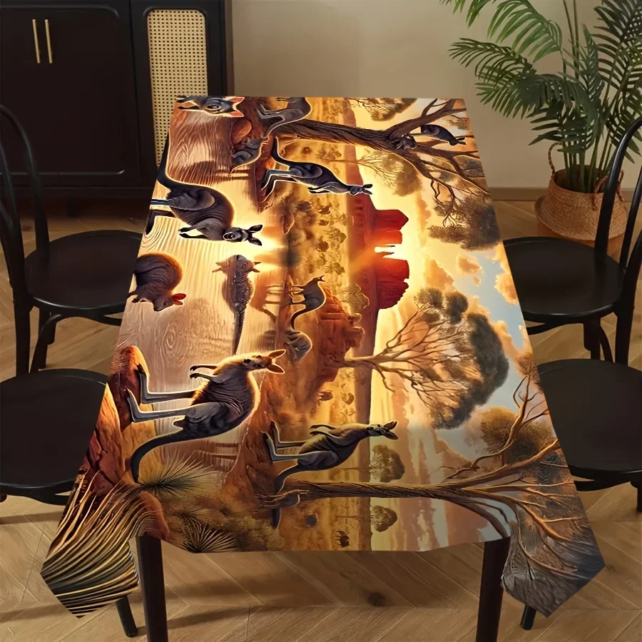 JIT-1pc Australian Wildlife Style Tablecloth - Kangaroo and Sunset Landscape Print, Machine Washable Polyester Tableclothxzj