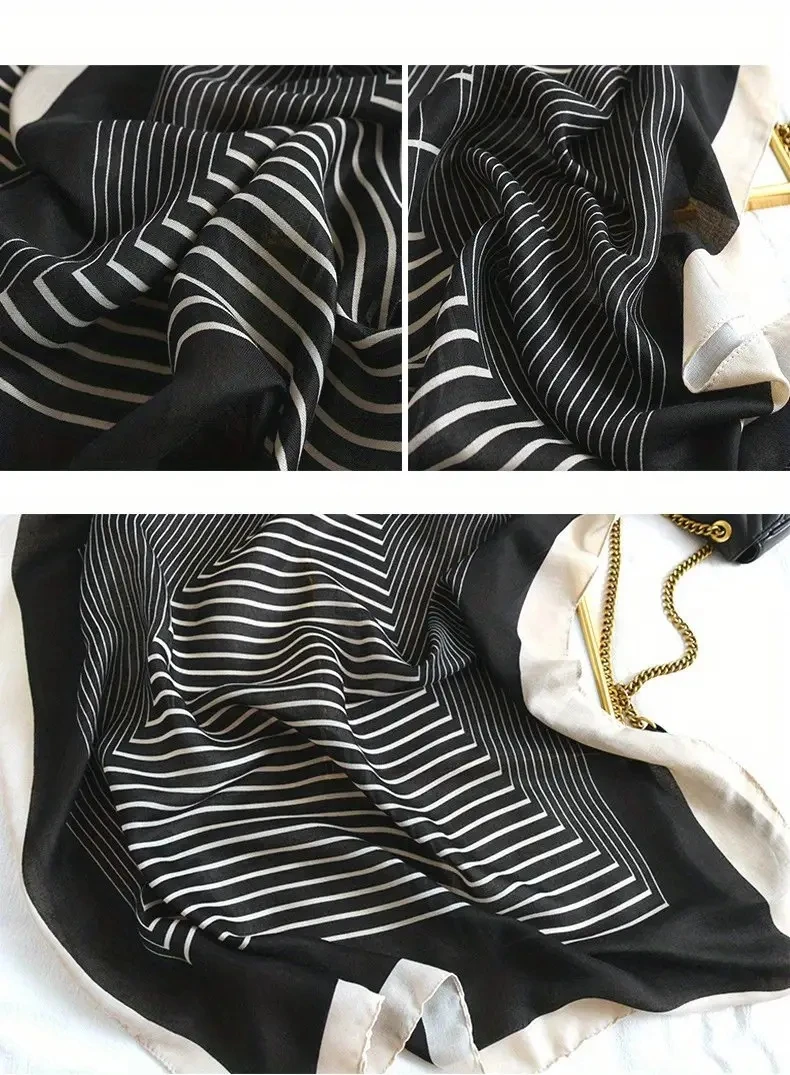 Classic Black White Striped Scarf Elegant Thin Breathable Silky Shawl Spring Summer Sunscreen Soft Beach Towel