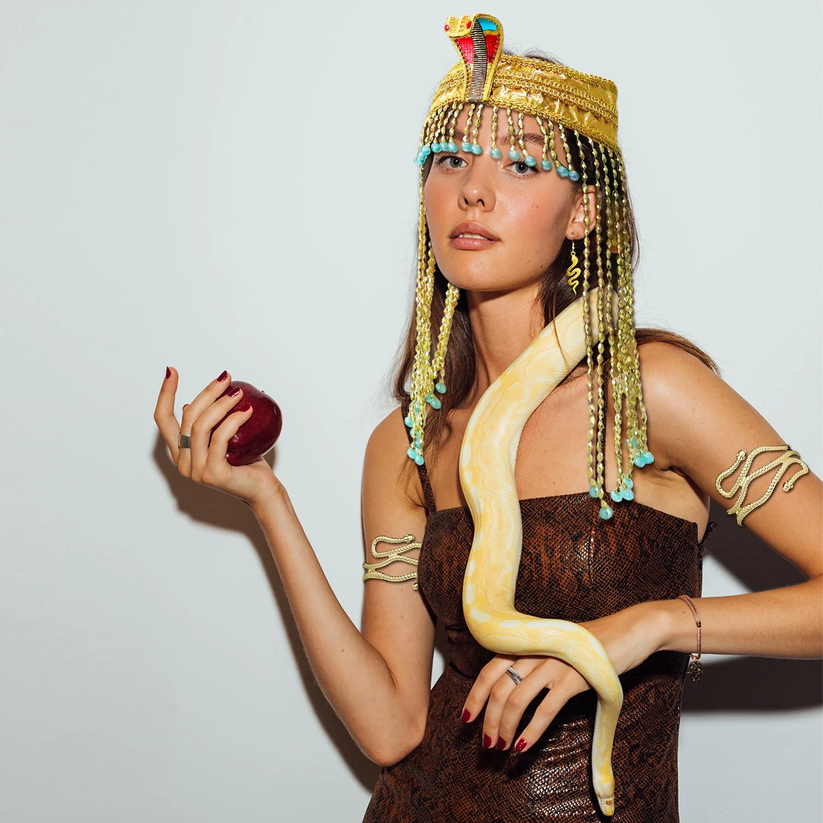 เครื่องประดับสำหรับผู้หญิง ต่างหูรูปงู สร้อยข้อมือ ชุดคอสเพลย์ฮาโลวีน ราชินีแห่งอียิปต์ เครื่องประดับศีรษะรูปงูเห่า ประดับลูกปัดสีทอง ฟาโรห์ประดับเลื่อม เครื่องประดับผม