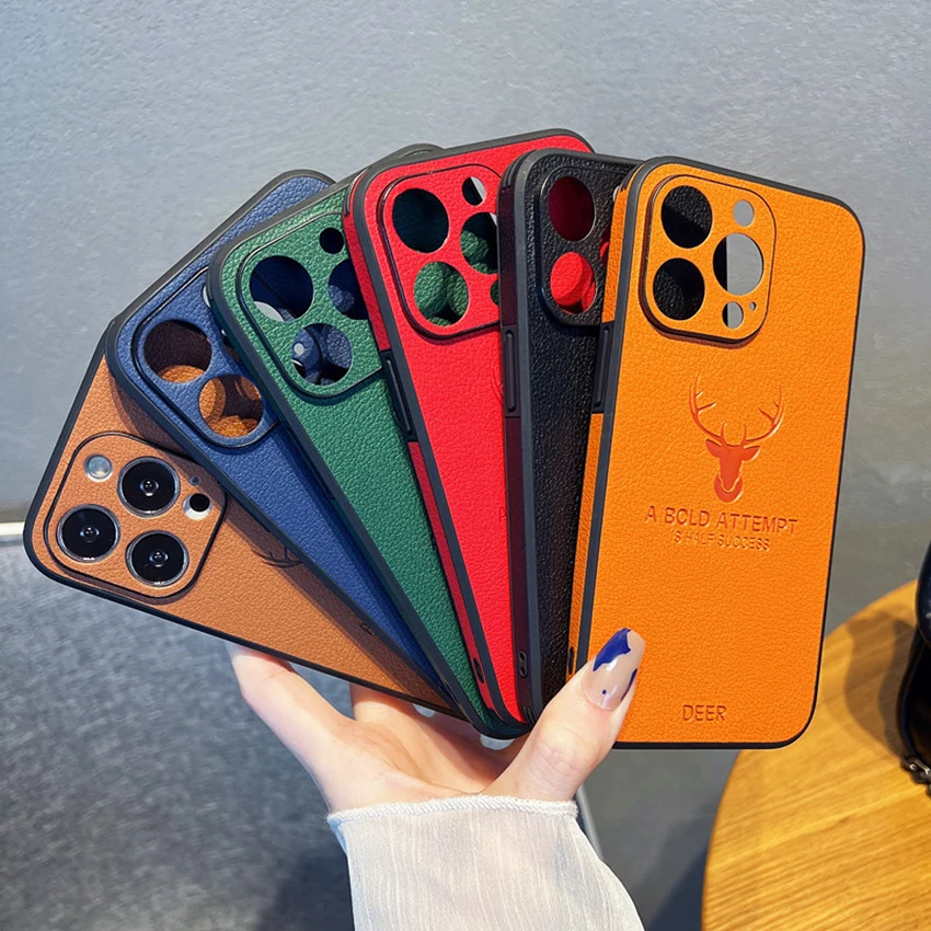 

Leather Textured Phone Case For Iphone 16 15 14 13 Pro 12 11 Max Plus 16Pro Lens Protection Phone Case Silicone Boder Mini Cover