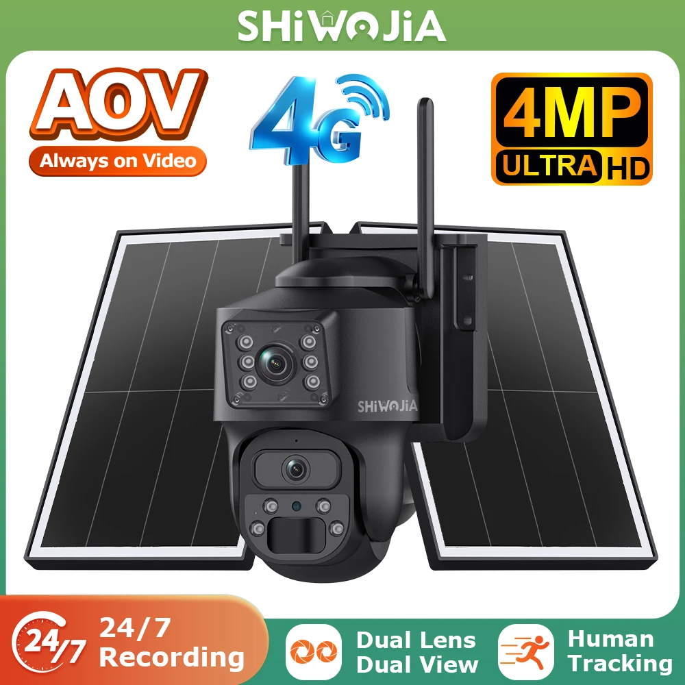 SHIWOJIA 4G AOV 24/7 Solar Camera 4MP 360° View 15W Solar Panel Security Outdoor PTZ IP Camera 10050mAh Battery IP65 Hi Easy