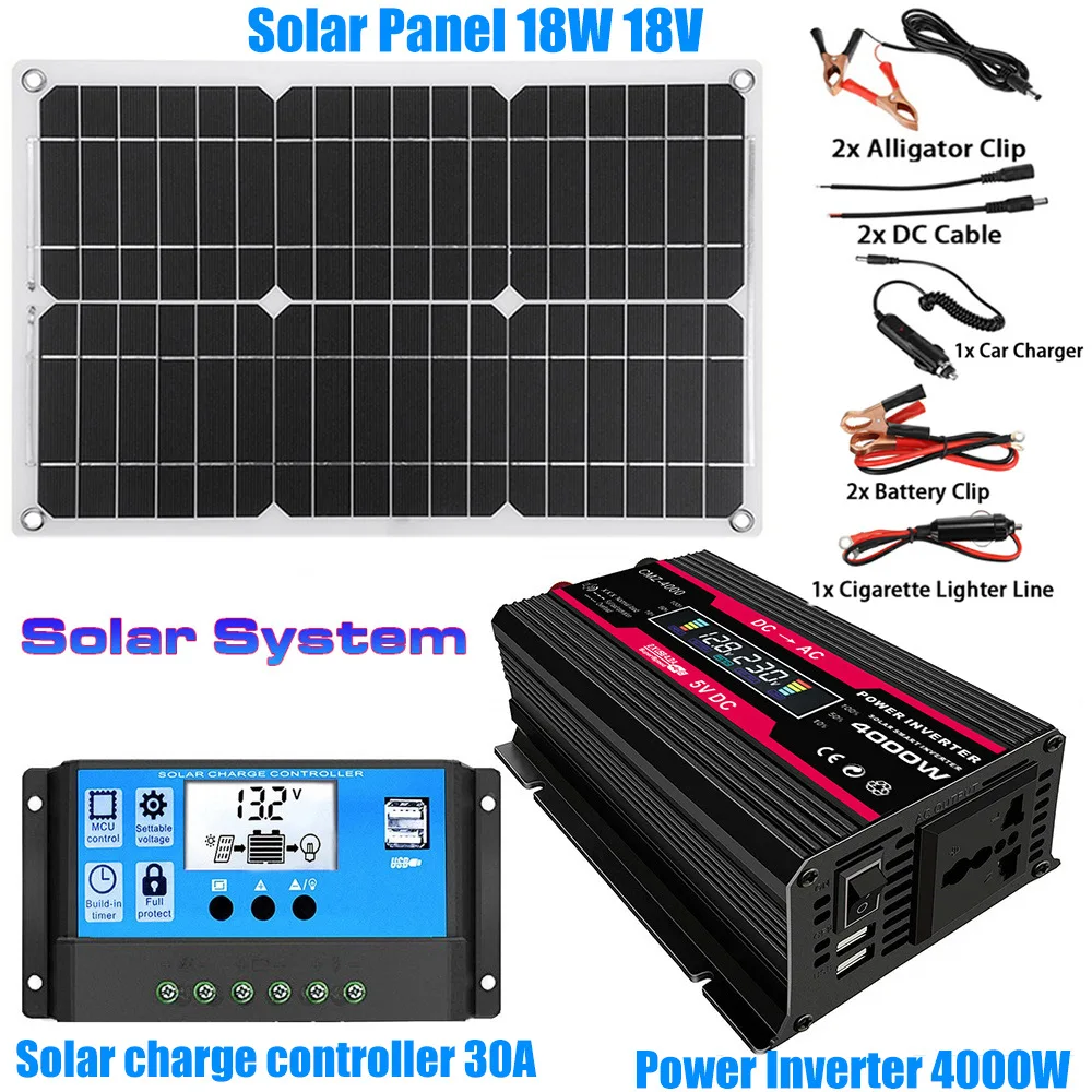 Solar System Power Generation Combination 4000w Inverter Solar Panel 30a Controller 12V-220V110V Camping Emergency