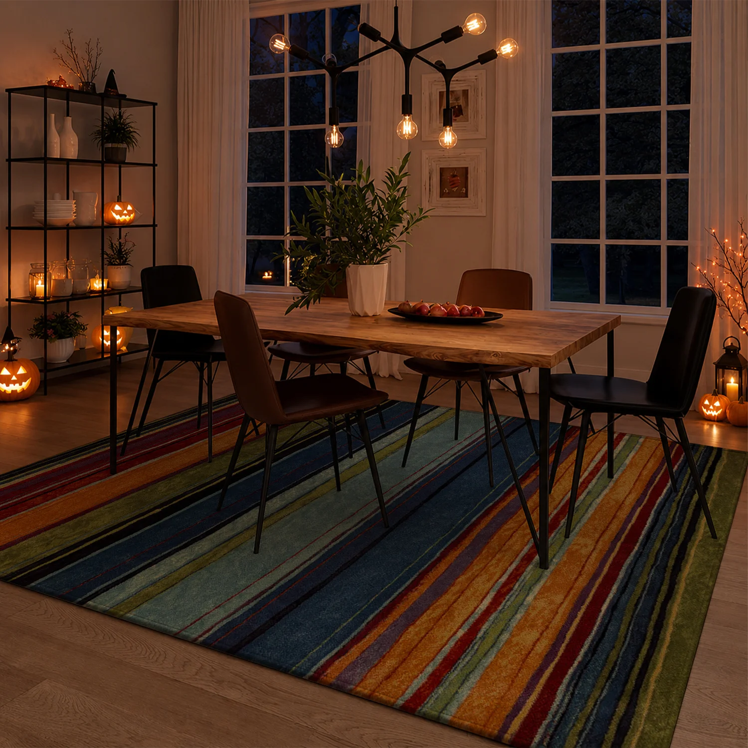Large Indoor Area Rug Soft Velvet Low Pile with Non-Slip Dotted Backing, Machine Washable Vibrant Multicolor Vertical Striped Rug for Living Room, Bedroom, Home Decor