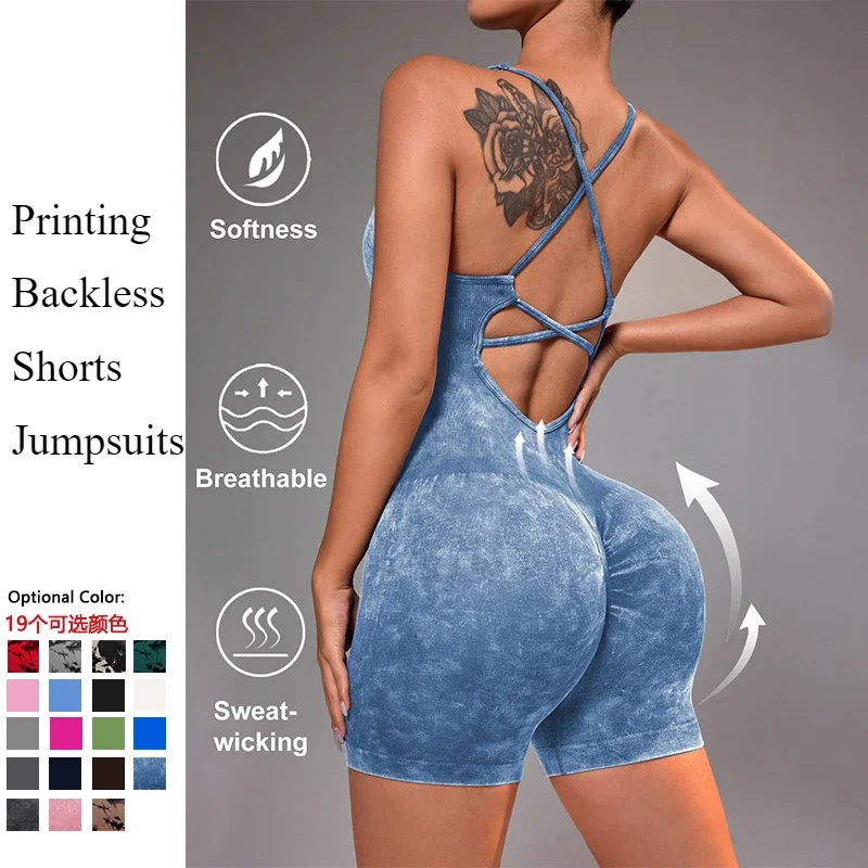 Uma peça conjunto de ginásio feminino conjunto de yoga feminino macacão shorts esporte bodysuit impressão sem costura roupas de treino de fitness