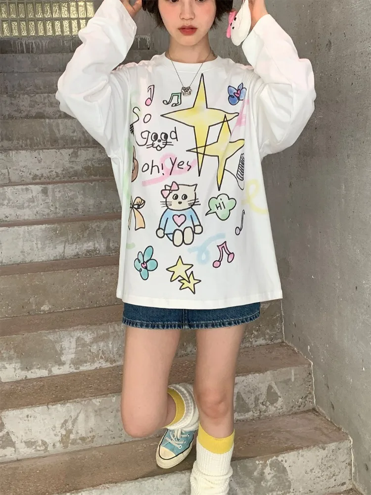 Deeptown Kawaii Cute Oversize White Tshirts Women Y2k Japanese 2000s Style Cartoon Graphic Long Sleeve Tshirts Coquette Tops