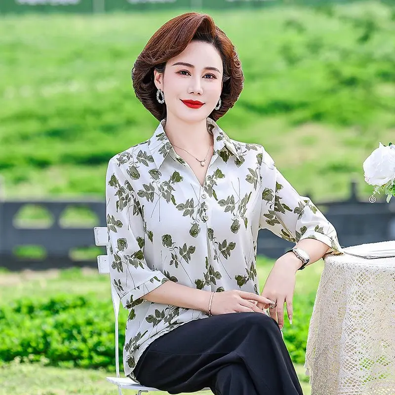 

Летняя рубашка с лацканами для мамы, модная женская модная футболка со средними рукавами