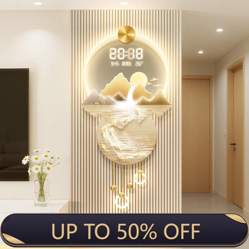 Modern Electronic Clock LED Wall Lamp Luxury Home Decor Flowing Water Living Room Bedroom Remote Control Lighting TV Background