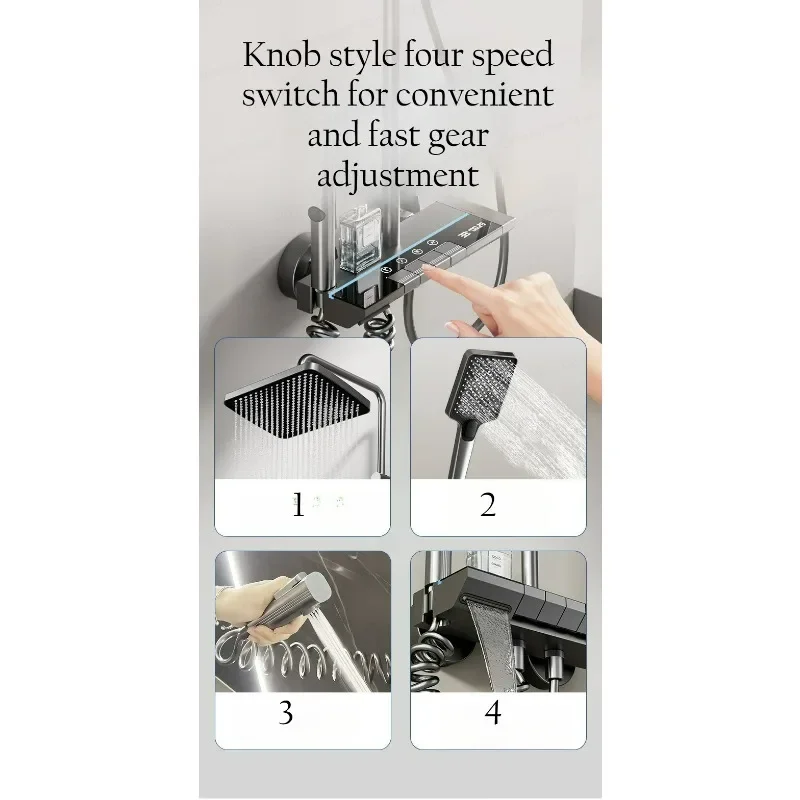 Gunmetal Gray Digital Temperature Display Shower Set with Rotary Knob Household Pressurize Multifunction Aluminum Shower Head