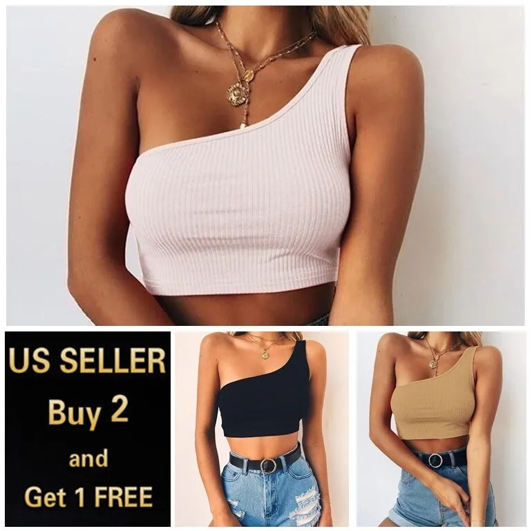 

One Shoulder Women Basic Stretch Crop Cropped Tank Top Sleeveless Shirt M - XL