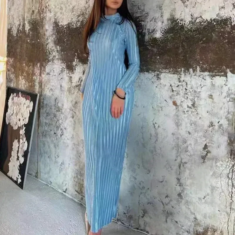 Fashion Solid Color Half High Collar Lace-Up Bodycon Dresses Long Sleeve with Belt Pleated Dress 2023 Summer New Women Clothing