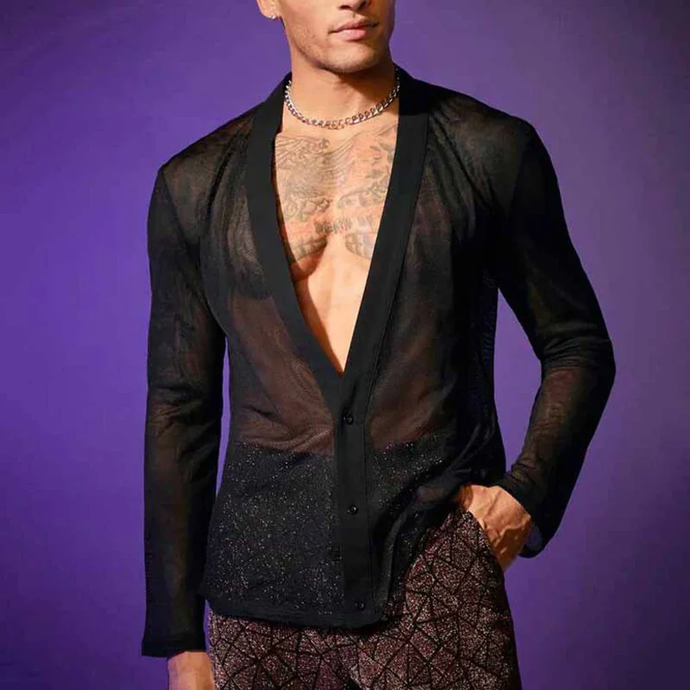 Fashion Men\'s Black Mesh Transparent Shirts And Blouses Sexy Deep V Neck 2 Buttons Long Sleeve Party Nightclub Tops Shirt