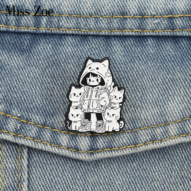 Katze Mädchen Emaille Pins Benutzerdefinierte Anime Einfache Zeichnung Broschen Revers Abzeichen Kleidung Tier Schmuck Geschenk für Kinder Freunde