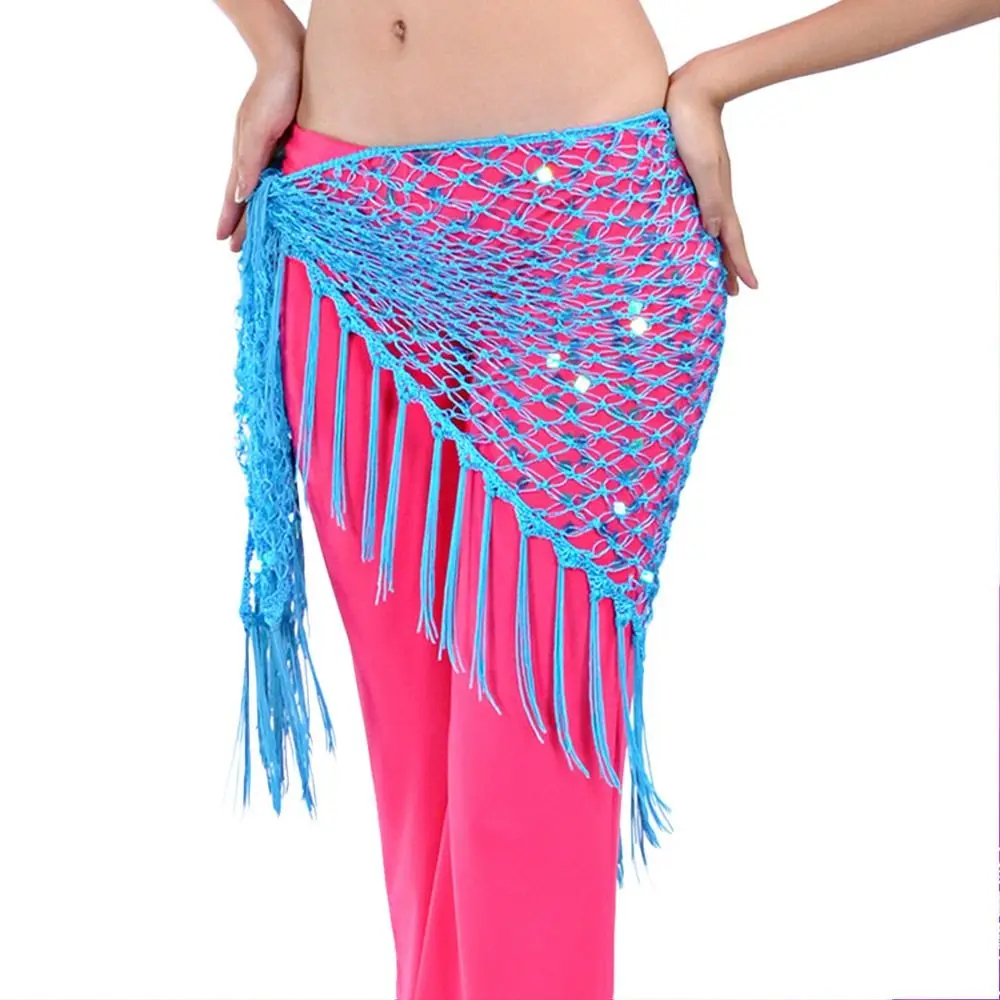 Moda borla dança do ventre hip cachecol lantejoulas boêmio cintura corrente crochê dançarina saia dança