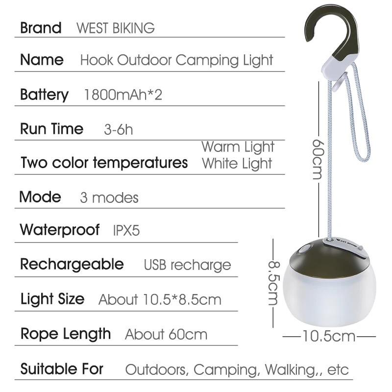 WEST BIKING-luz colgante para tienda de campaña, linterna portátil recargable por USB, lámpara Led para emergencia al aire libre