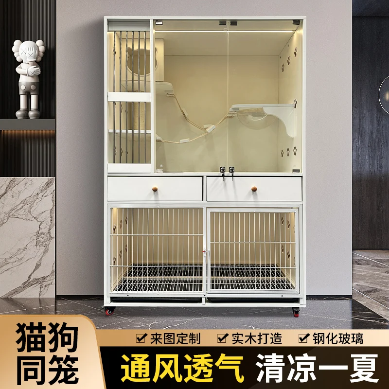 

Cat Villa Solid Wood pet Integrated Display Cage With Large Space, Foster Cage With Toilet And Dog House