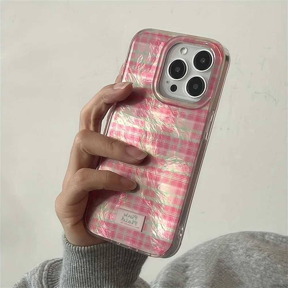 Cute Dopamine Color Block Match Plaid Clear Phone Case for iPhone 17 16 15 14 13 12 11 Pro Max 7 8 Plus X Pink Tartan Soft Cover