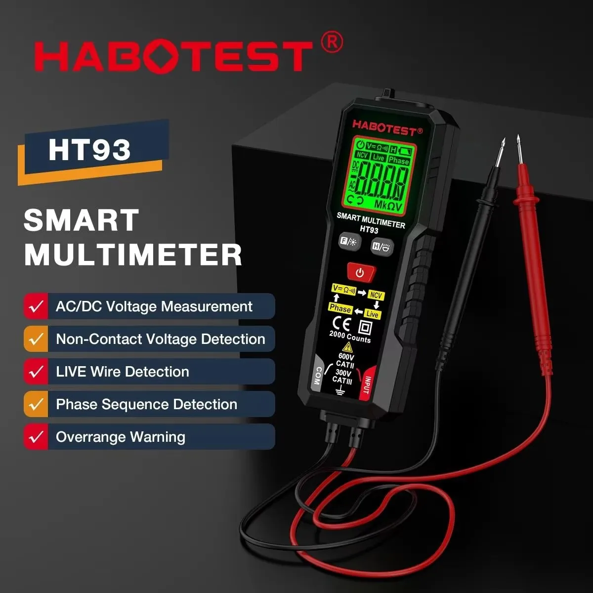 HABOTEST HT93 Smart Digital Multimeter 2000 Counts AC DC Voltage NCV Live Wire Phase Sequence Tester Overrange Warning