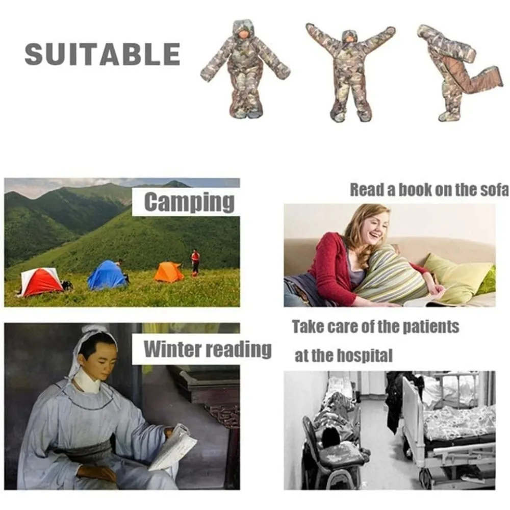 كيس نوم حراري مبطن خفيف الوزن للبالغين - هوديي كبير الحجم مع فتحة قدم بسحاب وتصميم دافئ