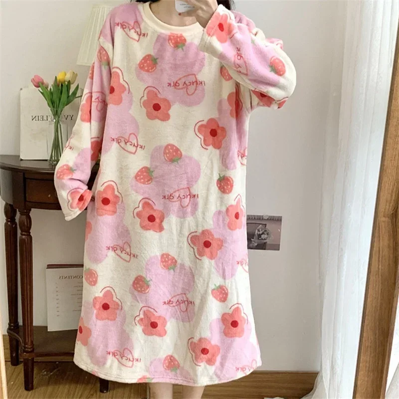 2023 Winter Long Sleeve Thick Warm Flannel Nightgowns for Women Korean Loose Sleepwear Nightdress Ladies Night Dress Home Nighty