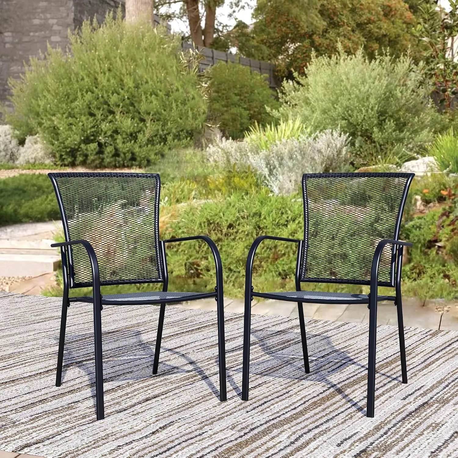 Metal Mesh Outdoor Dining Chairs Set of 2, Stackable Patio Furniture for Garden Backyard Lawn Deck Support 300+ lbs, Customized