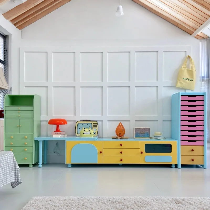 Telescopic TV cabinet Small apartment solid wood storage cabinet combination dopamine living room household floor cabinet