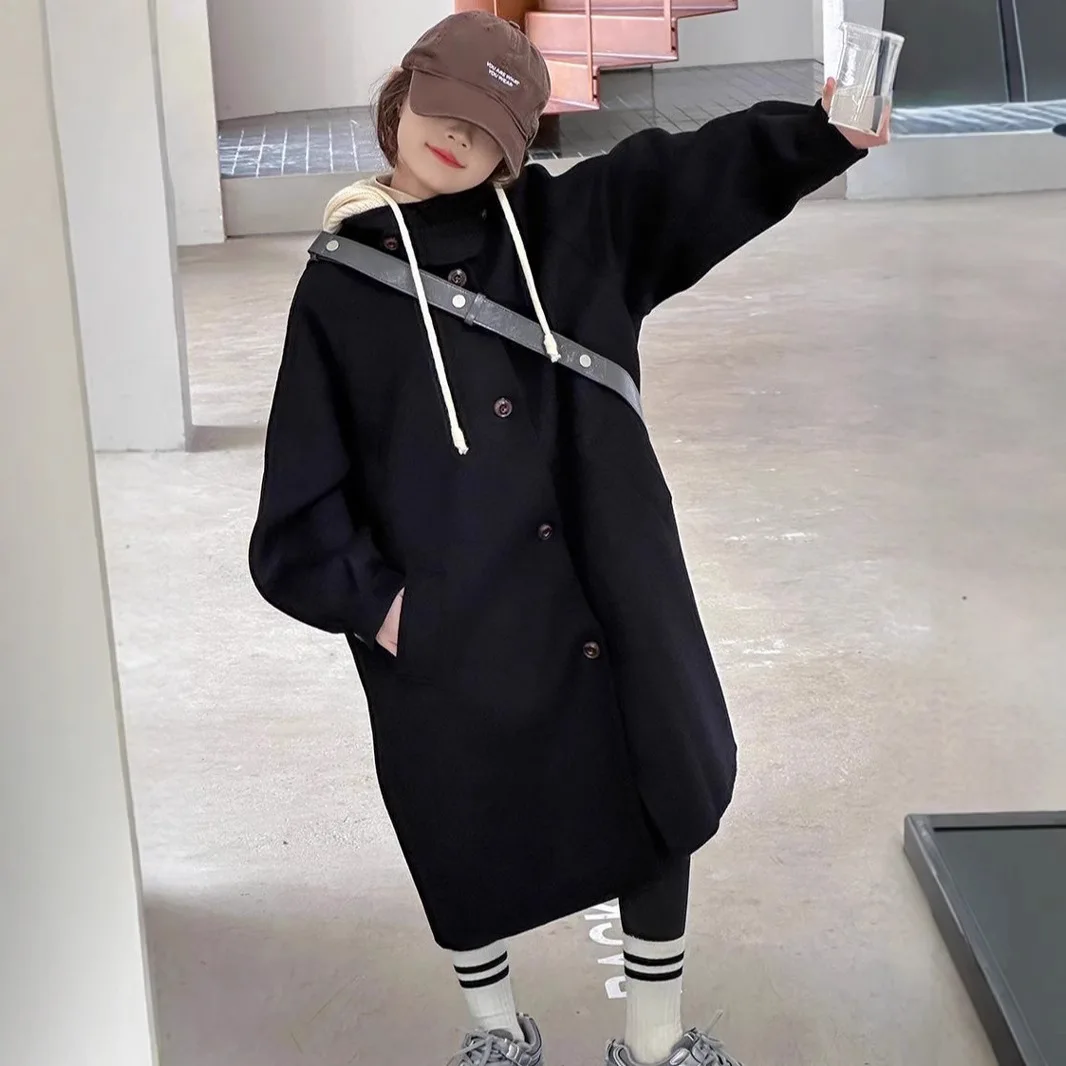 Girls' long coat for autumn and winter 2024 new item, single breasted windbreaker, thick hooded jacket