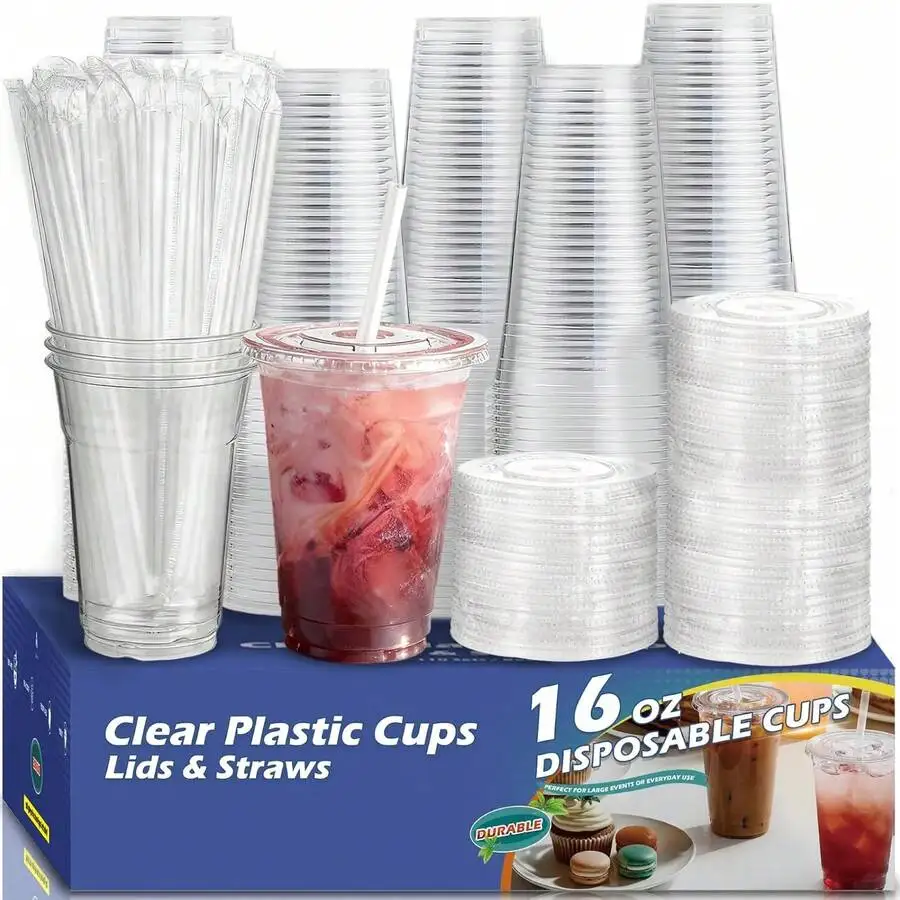 300PCS Plastic Cup Coffee Cup Set, 16 Ounce/480ml (100PC Cups+100PC Lids+100PC Straws), With Straw And Lid, Transparent Coffee C