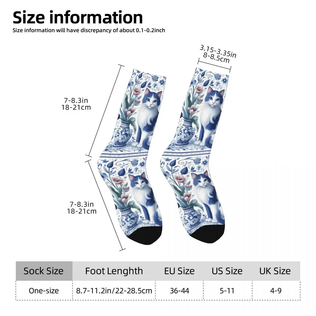 Russian Blue White Porcelain Animal Art Sock Printed Man Polyester