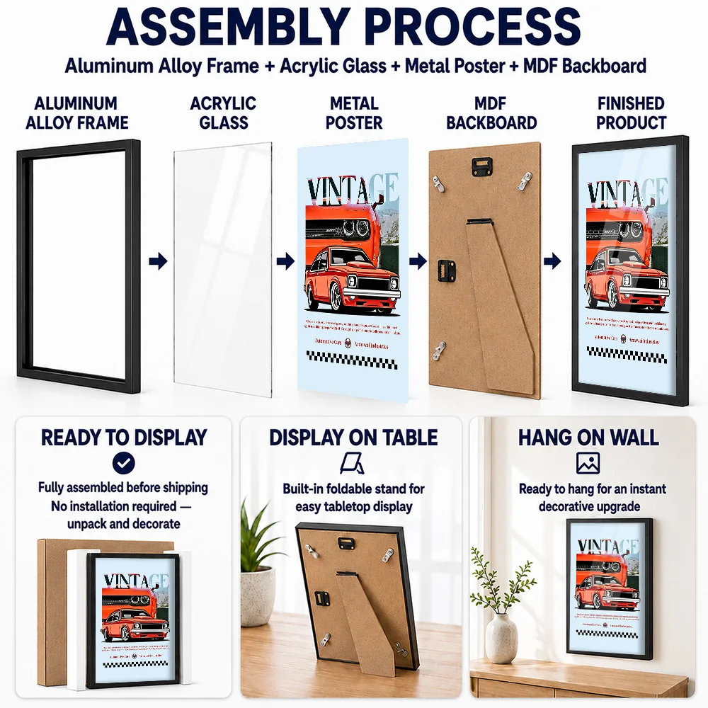 Vintage Cars Framed Metal Print Customized Photo Minimalist Engineering Style Wall Art For Workshop Thoughtful Enthusiast Gift