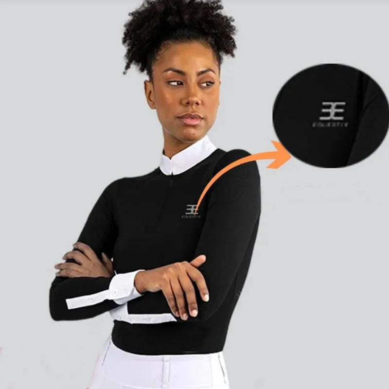 سستة الفروسية تي شيرت المرأة الرياضية طويلة الأكمام بلايز ركوب الخيل بلوزة ربيع الخريف عرض المنافسة متسابق الملابس