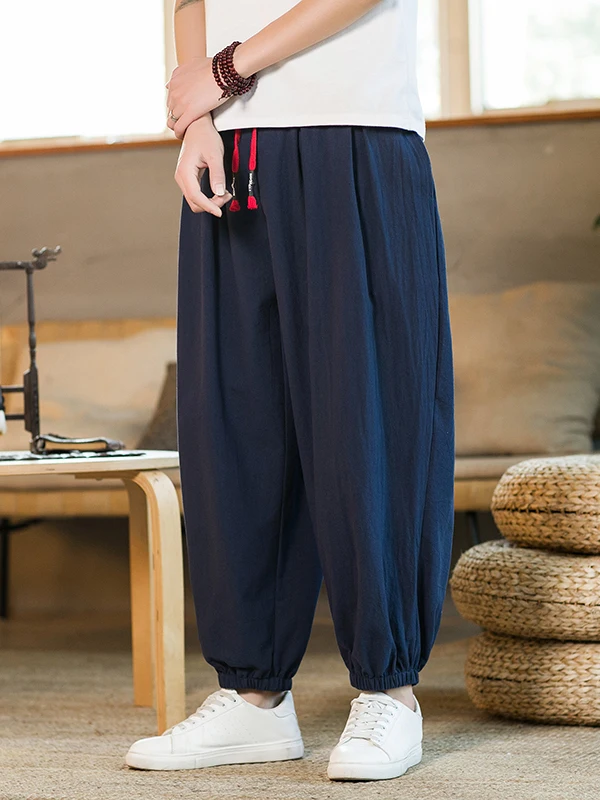 

Loose Wide Leg Men's Linen Cotton Pants Lantern Pants Cuffed Youthful Sle Summer Casual Loose Fit Trousers for Men