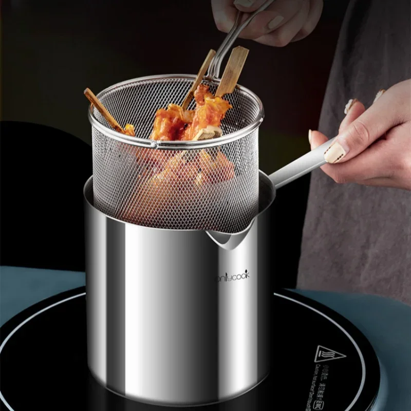 Splatter-proof 304 Food-grade Stainless Steel Fryer Deepen Small Oil Fryer for Saving Oil Suitable for Gas and Induction Cookers